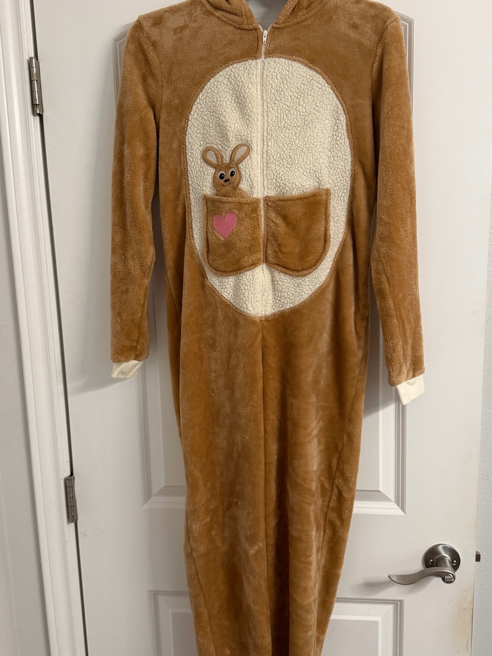 Forever 21 Brown Plush Hooded Pajamas with Cream Belly and Pink Heart